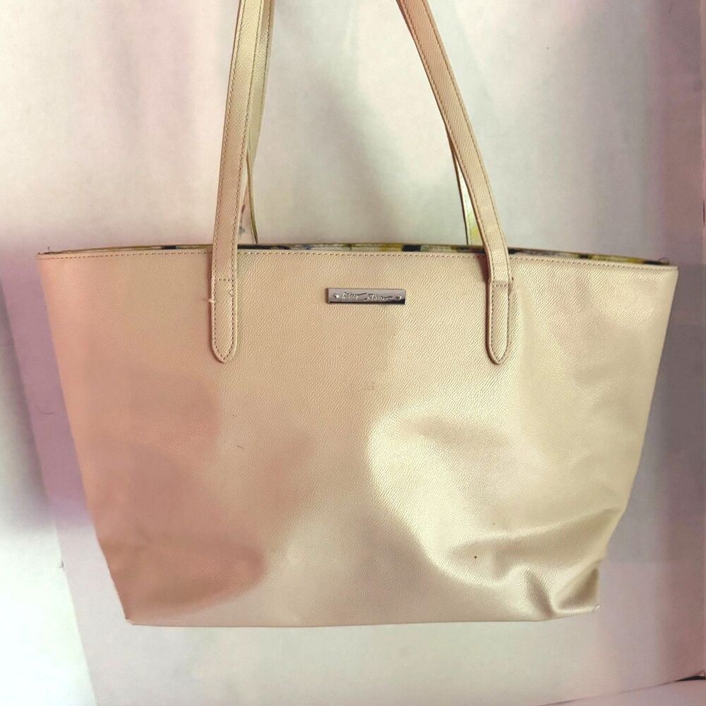 Betsey Johnson Beige Faux-Leather Open Tote Bag Floral Lining 2 Section